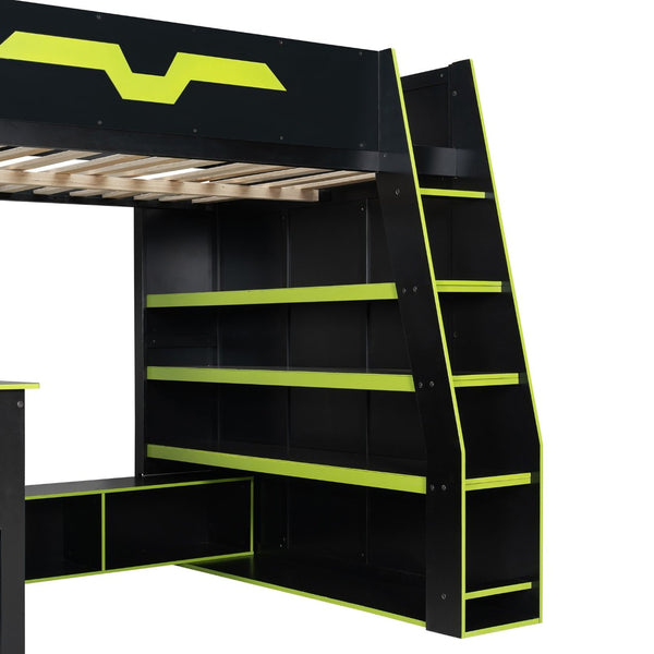 English Elm Full Size Wood Loft Bed with Rgb Lighting Desk and Multi-tier Shelves for Gaming Green LT000374AAG