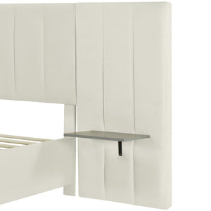 English Elm Queen Upholstered Platform Bed with Oversized Velvet Headboard, Built-In Shelves, Modern Comfort and Support for Relaxation Beige SF000138AAA