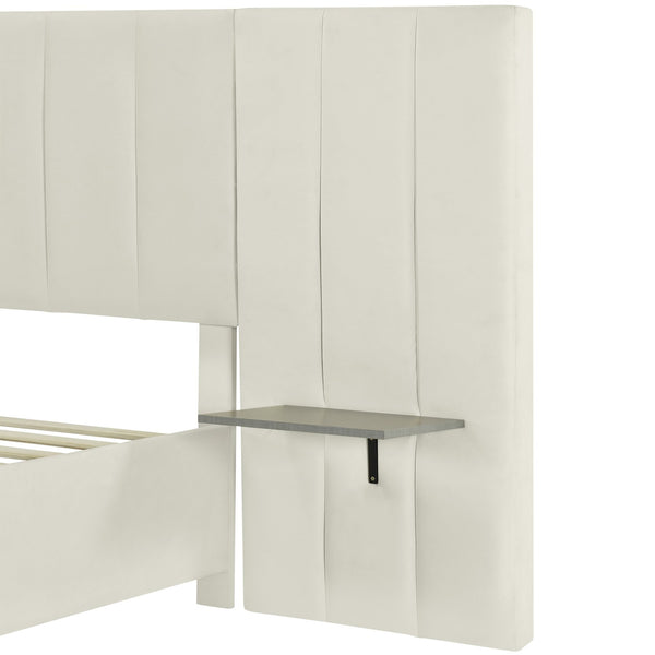 English Elm Queen Upholstered Platform Bed with Oversized Velvet Headboard, Built-In Shelves, Modern Comfort and Support for Relaxation Beige SF000138AAA
