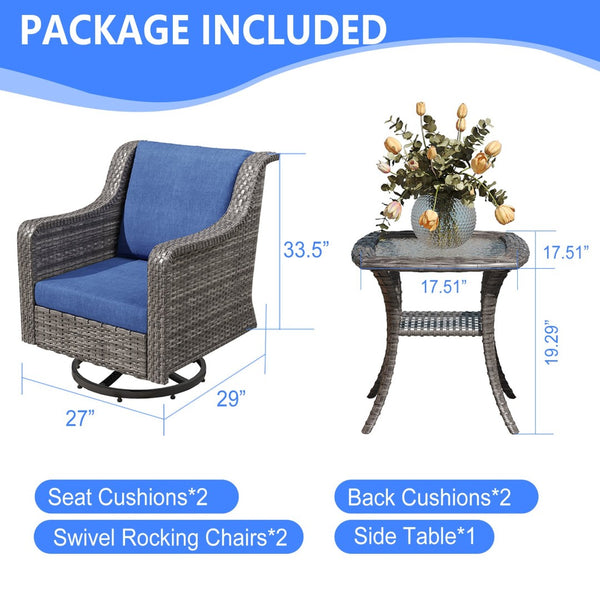 English Elm Jb Outdoor Swivel Rocker Chair Set with Pe Rattan Weave and Tempered Glass Side Table T5925S00008