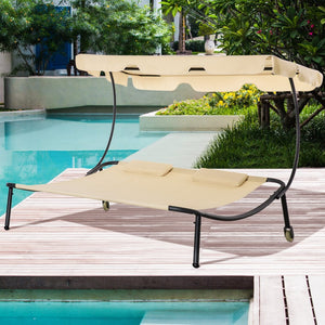 English Elm Outsunny Double Chaise Lounge Chair - Stylish Outdoor Daybed With Adjustable Canopy & Wheels W2225P217764-GIGA