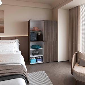 English Elm Grey Walnut Two-Door Wardrobe with Open Shelves, Concealed Storage, Modern Melamine Finish Elegant contrast and space-saving design for bedroom organization B062S01381