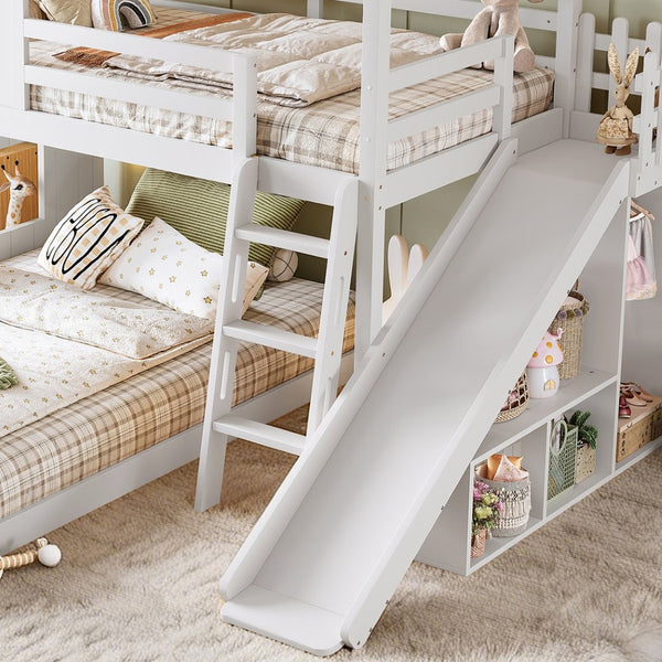 English Elm Twin Over Full Playhouse Bunk Bed with Slide Ladder Storage Shelves and Wardrobe Light White W5305S00039