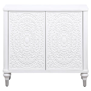 English Elm Angus White 2-Door Mandala Accent Cabinet with Carved Floral Medallions, Adjustable Shelf, Push-Open Elegance B062P299809