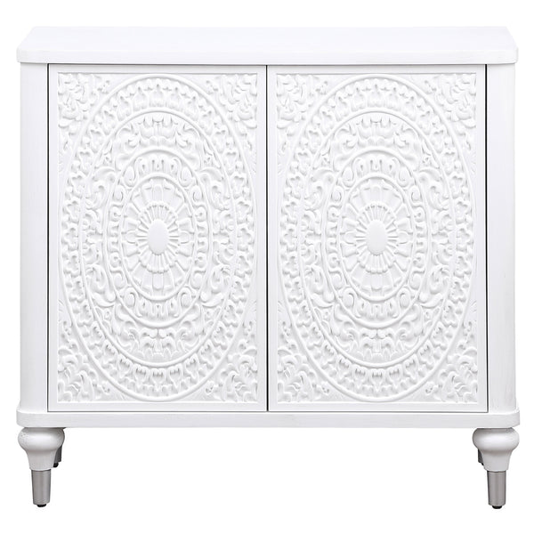 English Elm Angus White 2-Door Mandala Accent Cabinet with Carved Floral Medallions, Adjustable Shelf, Push-Open Elegance B062P299809