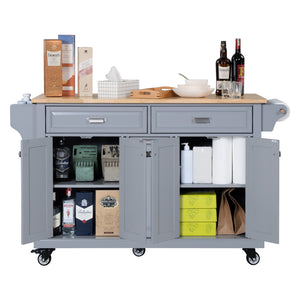 English Elm Kitchen Island Rubber Wood Countertop Mobile Cart with Towel & Spice Racks, Drawers, Storage Wheels Grey W914P147989