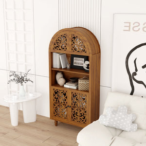 English Elm Vintage Hand-carved Solid Wood Bookcase Tall Arched Open Shelf Cabinet for Living Room W3123P485777