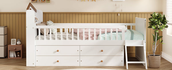 English Elm Twin Bed Frame with Storage Drawers and House Headboard, Kids Platform Bed with Guardrail Ladder and Shelf White 49.3 L x 16.25 W x 7.75 H N733S278032K