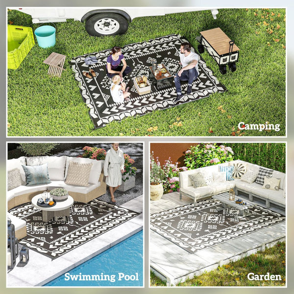 English Elm Patio Reversible Polypropylene Flatweave Rug Foldable Geometric Black White Outdoor Mat T3971P421603