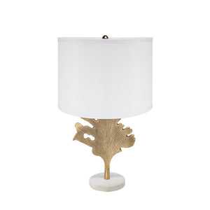 English Elm D13x22.2" Gold and White Table Lamp with Marble Pedestal and Leaf Silhouette, White Drum Shade W2078P360487