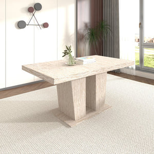 English Elm Rectangular extendable dining table with veined travertine top, beige MDF, sturdy wide feet, 6-10 seats W1347S00018