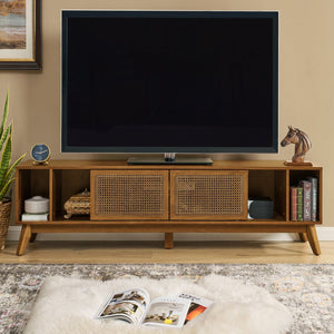 English Elm 67.9 Inch Mid Century Modern Rattan Tv Stand For 75" Tvs - Stylish Media Console With Smart Storage & Solid Wood Legs W1801P303380