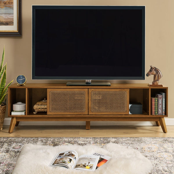 English Elm 67.9 Inch Mid Century Modern Rattan Tv Stand For 75" Tvs - Stylish Media Console With Smart Storage & Solid Wood Legs W1801P303380