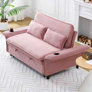 English Elm 65.74-inch convertible letter sofa bed with adjustable armrests, pull-out extension, cup holders, durable frame and plush sponge cushions Pink W3371P311783