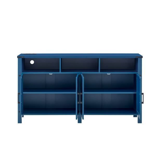 English Elm U_style 59 Inch Sideboard Buffet with Built in Power Outlets Open Cubbies Metal Accents Navy Blue N711P347407V