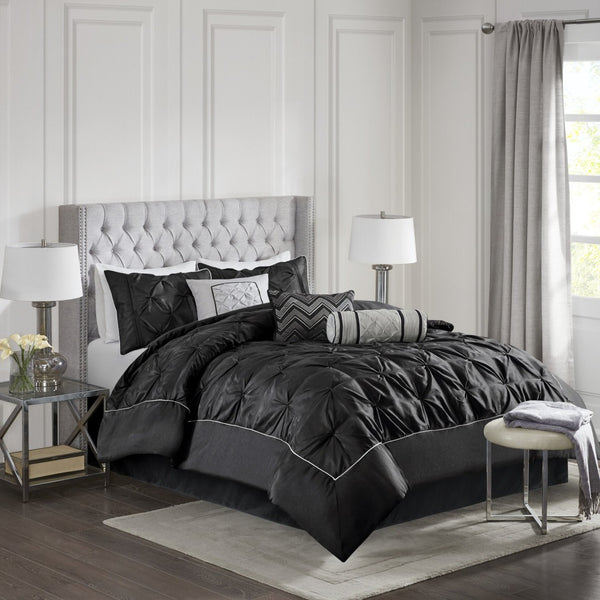 English Elm 7-piece Cal King Tufted Pleated Comforter Set with Embroidered Decorative Pillows Included B035P463178