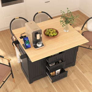 English Elm K&k Rolling Kitchen Island with Drop Leaves Power Outlet Drawers and Spice Rack Black N707S186617B