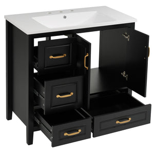 English Elm Christopher Knight Home® - 36" Freestanding Bathroom Vanity with Resin Sink, Soft-Close Doors & Drawers, Gold Alloy Handles, Spacious Storage and Easy Plumbing Access Black N759P292552B