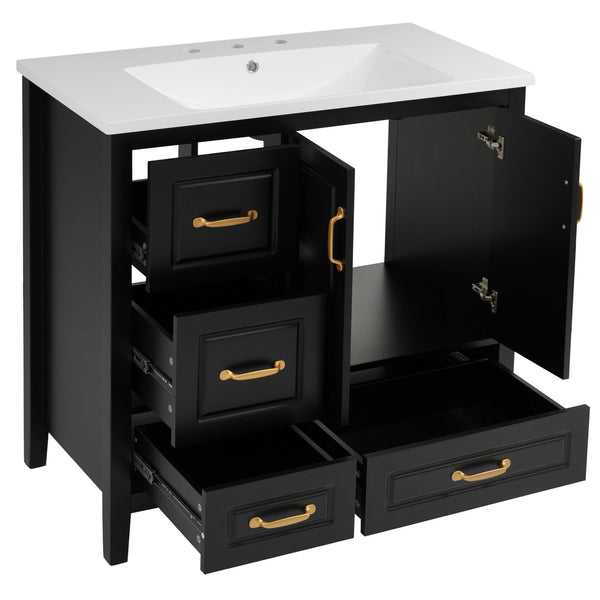 English Elm Christopher Knight Home® - 36" Freestanding Bathroom Vanity with Resin Sink, Soft-Close Doors & Drawers, Gold Alloy Handles, Spacious Storage and Easy Plumbing Access Black N759P292552B