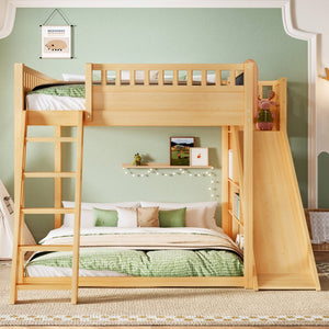 English Elm Queen Loft Bed with Upholstered Headboard Built-in Slide and Open Storage Shelves Natural W1580S00308