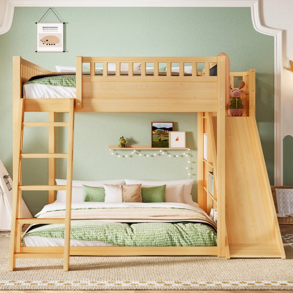 English Elm Queen Loft Bed with Upholstered Headboard Built-in Slide and Open Storage Shelves Natural W1580S00308