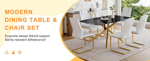 English Elm Table and Chair Set Marble Tempered Glass Top Gold Sculptural Legs Four Pu Seats Black+Gold,White W1151S03294
