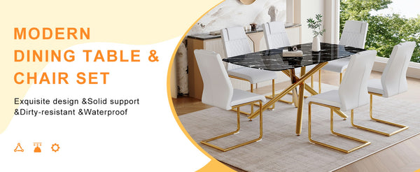 English Elm Table and Chair Set Marble Tempered Glass Top Gold Sculptural Legs Four Pu Seats Black+Gold,White W1151S03294