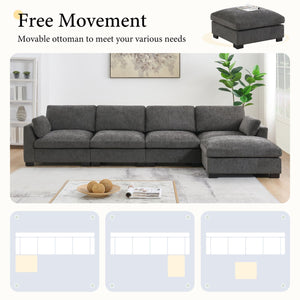 English Elm 130" Modular Sectional Sofa with Folding Table, Dual USB Charging, Hidden Side Pockets, Chenille Comfort Charcoal N723S9710R