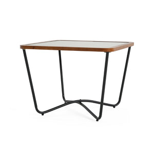 English Elm Modern Square Glass Top Coffee Table with Geometric Pattern and Black Metal Frame N770P197539B