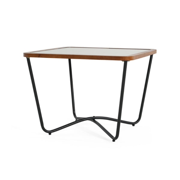 English Elm Modern Square Glass Top Coffee Table with Geometric Pattern and Black Metal Frame N770P197539B