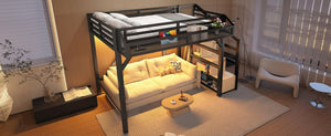English Elm Twin Metal Loft Bed with Wardrobe Shelves Storage Stairs Led Lighting Usb Ports W1580S00404