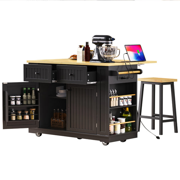 English Elm K&K 48in Kitchen Island Set with 2 Stools, Built-In Power Station, Drop Leaf & Ample Storage Space Black N707S000015B