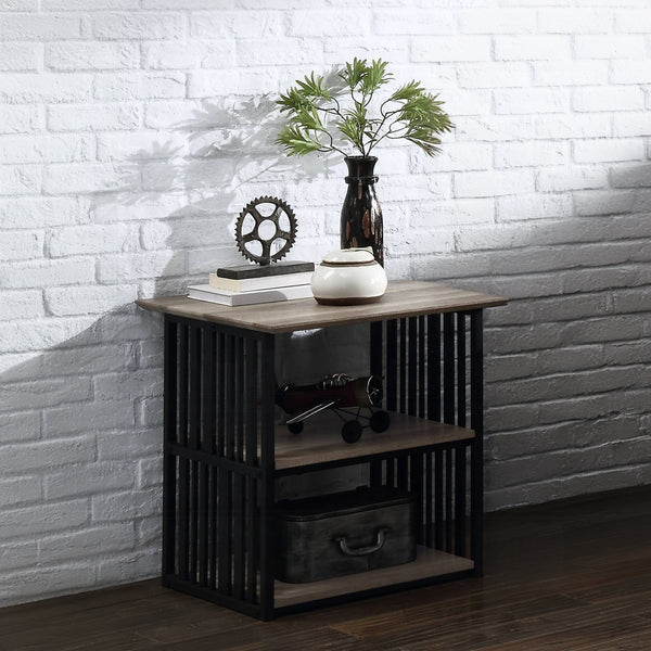 English Elm Rustic Industrial Nightstand with Black Metal Frame and Antique Oak Top, 2 Open Shelves, 22" W B011P316888