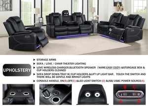 English Elm Leisureluxe Reclining Sofa Set with Led Lighting Wireless Charging and Storage Arms B2730S00015
