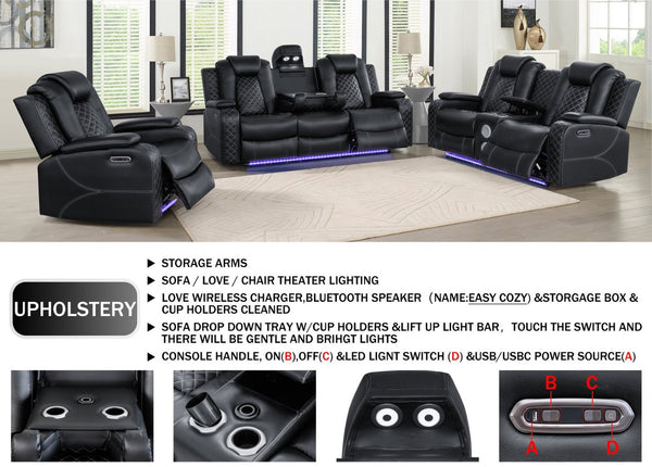 English Elm Leisureluxe Reclining Sofa Set with Led Lighting Wireless Charging and Storage Arms B2730S00015