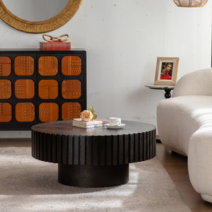 English Elm Round Handcrafted Olive-Shaped Coffee Table with Sturdy MDF Pedestal, Ready-to-Use Living Room Accent Walnut,Walnut+black W3081P255062