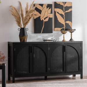 English Elm Modern Storage Sideboard Buffet Cabinet with Black MDF, Rattan Doors, Adjustable Shelves, Sleek Handles W3081P339021