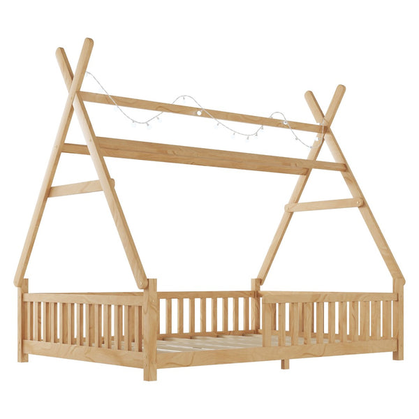 English Elm Twin Montessori Floor Bed House Frame with Led Lighting and Safety Rails for Kids Natural W2593P440591