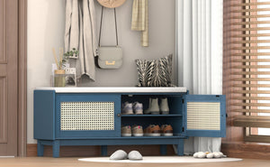 English Elm Trexm Bohemian Rattan Storage Bench Cushioned Seat Shoe Cabinet for Entryway Antique Navy,Beige N715P308012M