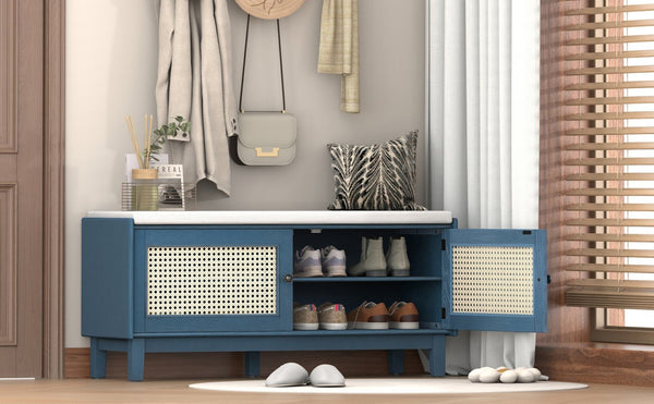English Elm Trexm Bohemian Rattan Storage Bench Cushioned Seat Shoe Cabinet for Entryway Antique Navy,Beige N715P308012M