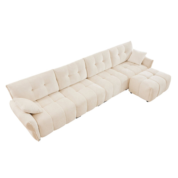 English Elm Modular 4-Seater Sofa With Ottoman - Configurable Chenille Upholstery, Solid Wood Frame, Durable Comfort White W714S01141