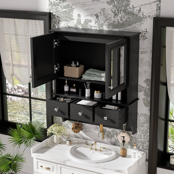 English Elm 4-in-1 Wall Mounted Bathroom Cabinet with Mirror Drawers and Towel Hooks Vanity Black N710P405416B