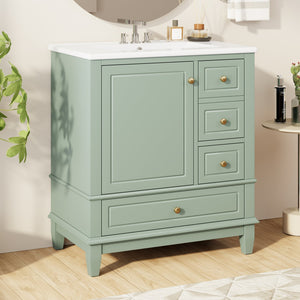 English Elm Christopher Knight Home® - 30" Freestanding Bathroom Vanity with Ceramic Sink, Soft-Close Door, Gold Knobs & 3 Drawers, Durable Painted Finish Light Green N759P225994G