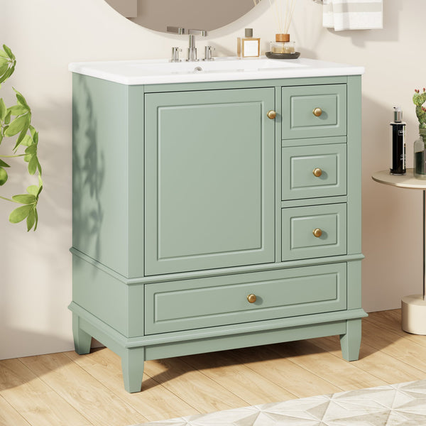 English Elm Christopher Knight Home® - 30" Freestanding Bathroom Vanity with Ceramic Sink, Soft-Close Door, Gold Knobs & 3 Drawers, Durable Painted Finish Light Green N759P225994G