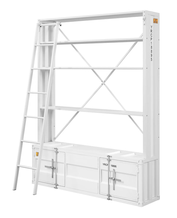 English Elm Cargo White Metal Bookcase w/Removable Ladder, 4 Open Compartments, 2 Doors, Cargo Container Style Lock B2726P285359
