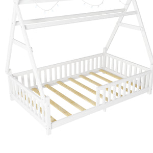 English Elm Twin House Bed with Roof and Guardrails, Low Floor Kids Playhouse Bed with Tent and Lights, Cozy Design White 80.91 L x 15.55 W x 6.5 H W2593P296909