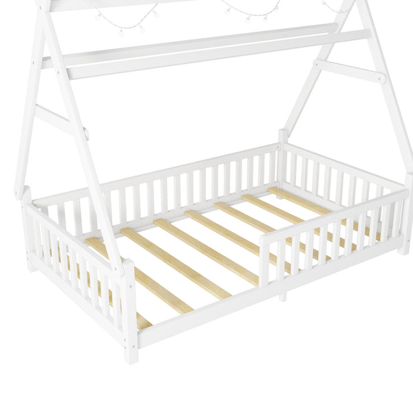 English Elm Twin House Bed with Roof and Guardrails, Low Floor Kids Playhouse Bed with Tent and Lights, Cozy Design White 80.91 L x 15.55 W x 6.5 H W2593P296909