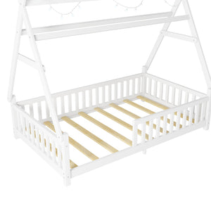 English Elm Twin Montessori Floor Bed House Frame with Led Lighting and Safety Rails for Kids White W2593P440571