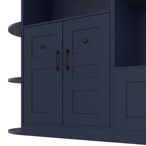 English Elm Multifunctional Modular Hall Tree Cabinet with Open Shelves and Hooks for Entryway Antique Blue W1580S00520