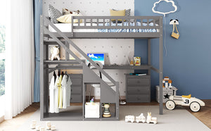 English Elm Full Size Loft Bed with Desk Drawers Led Strip and Staircase for Teen Rooms Gray LT000258AAE-1